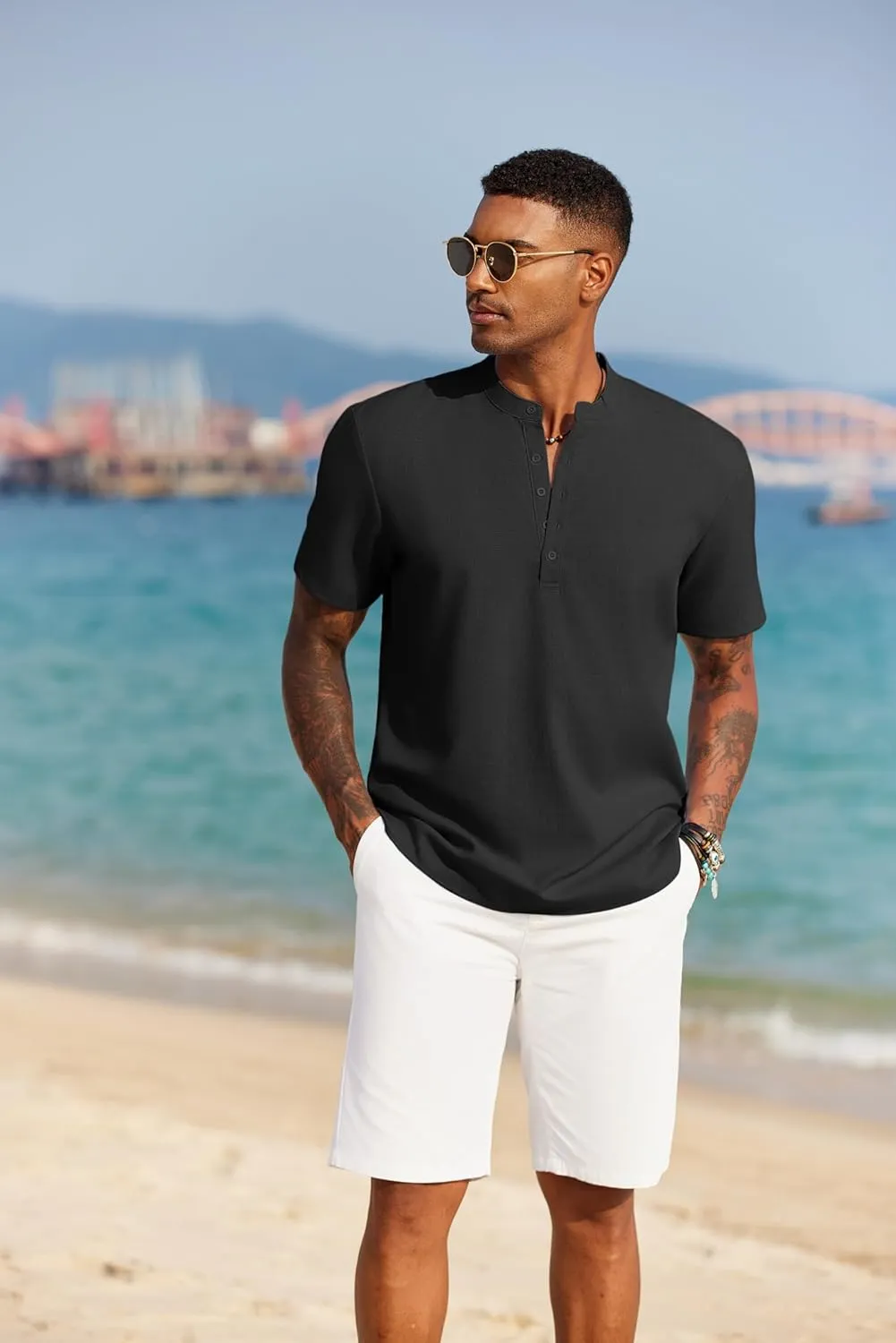 COOFANDY Men's Short Sleeve Henley Shirts Casual Collarless Shirt Band Collar Henley Summer Beach Henley T-Shirt