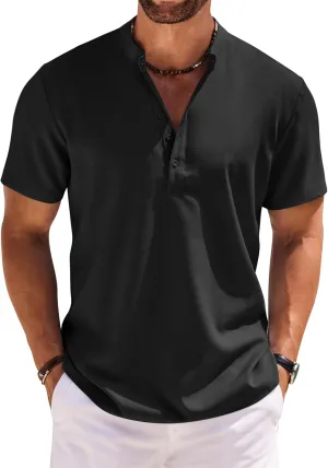 COOFANDY Men's Short Sleeve Henley Shirts Casual Collarless Shirt Band Collar Henley Summer Beach Henley T-Shirt