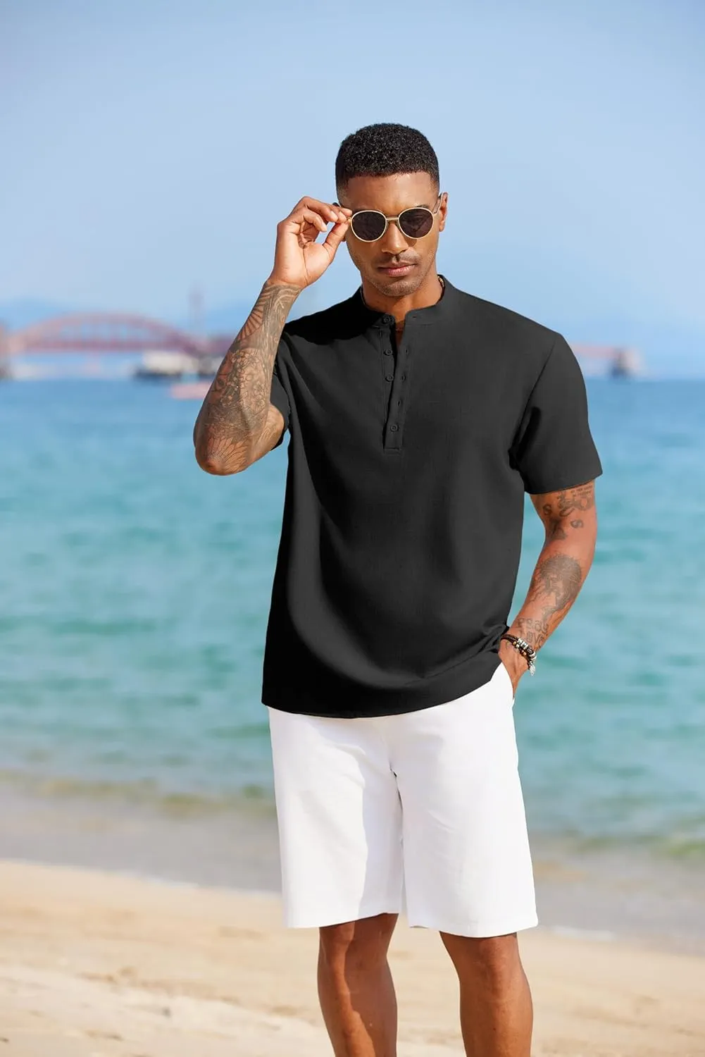 COOFANDY Men's Short Sleeve Henley Shirts Casual Collarless Shirt Band Collar Henley Summer Beach Henley T-Shirt
