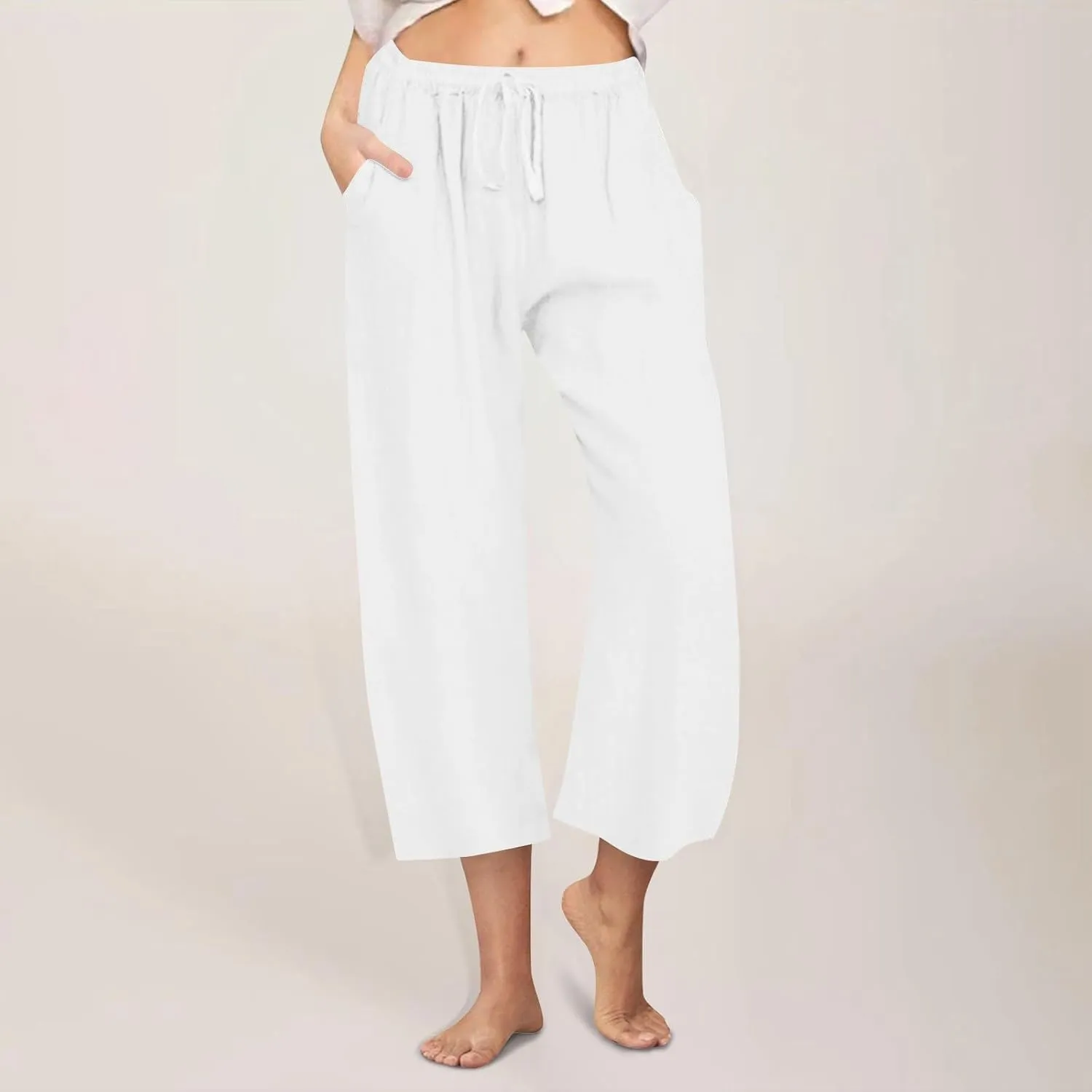 Cotton Linen Pants for Women 2025 Wide Leg Cropped Lounge Trousers Drawstring Elastic Waist Summer Beach Pant Outfits