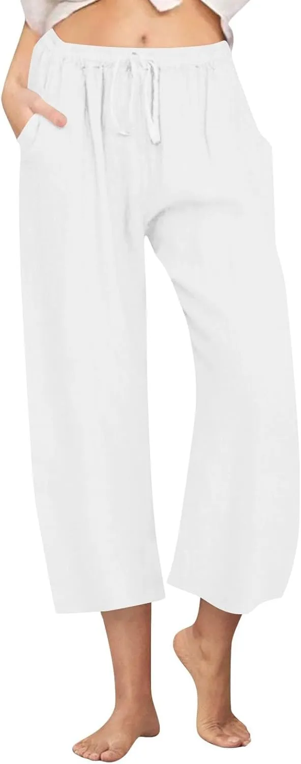 Cotton Linen Pants for Women 2025 Wide Leg Cropped Lounge Trousers Drawstring Elastic Waist Summer Beach Pant Outfits