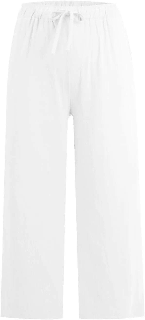 Cotton Linen Pants for Women 2025 Wide Leg Cropped Lounge Trousers Drawstring Elastic Waist Summer Beach Pant Outfits