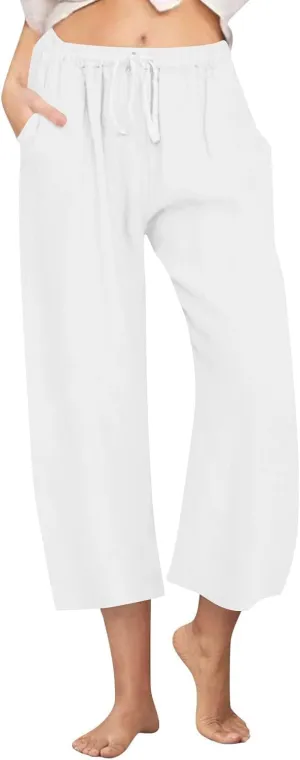 Cotton Linen Pants for Women 2025 Wide Leg Cropped Lounge Trousers Drawstring Elastic Waist Summer Beach Pant Outfits