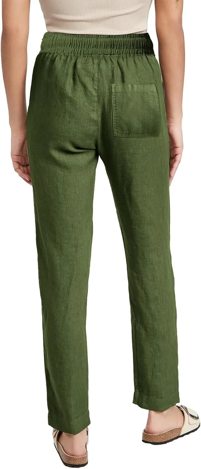 Cotton Linen Pants Women Summer Petite Elastic Waist Solid Lounge Long Trousers Relax Fit Leg White Beach Pant