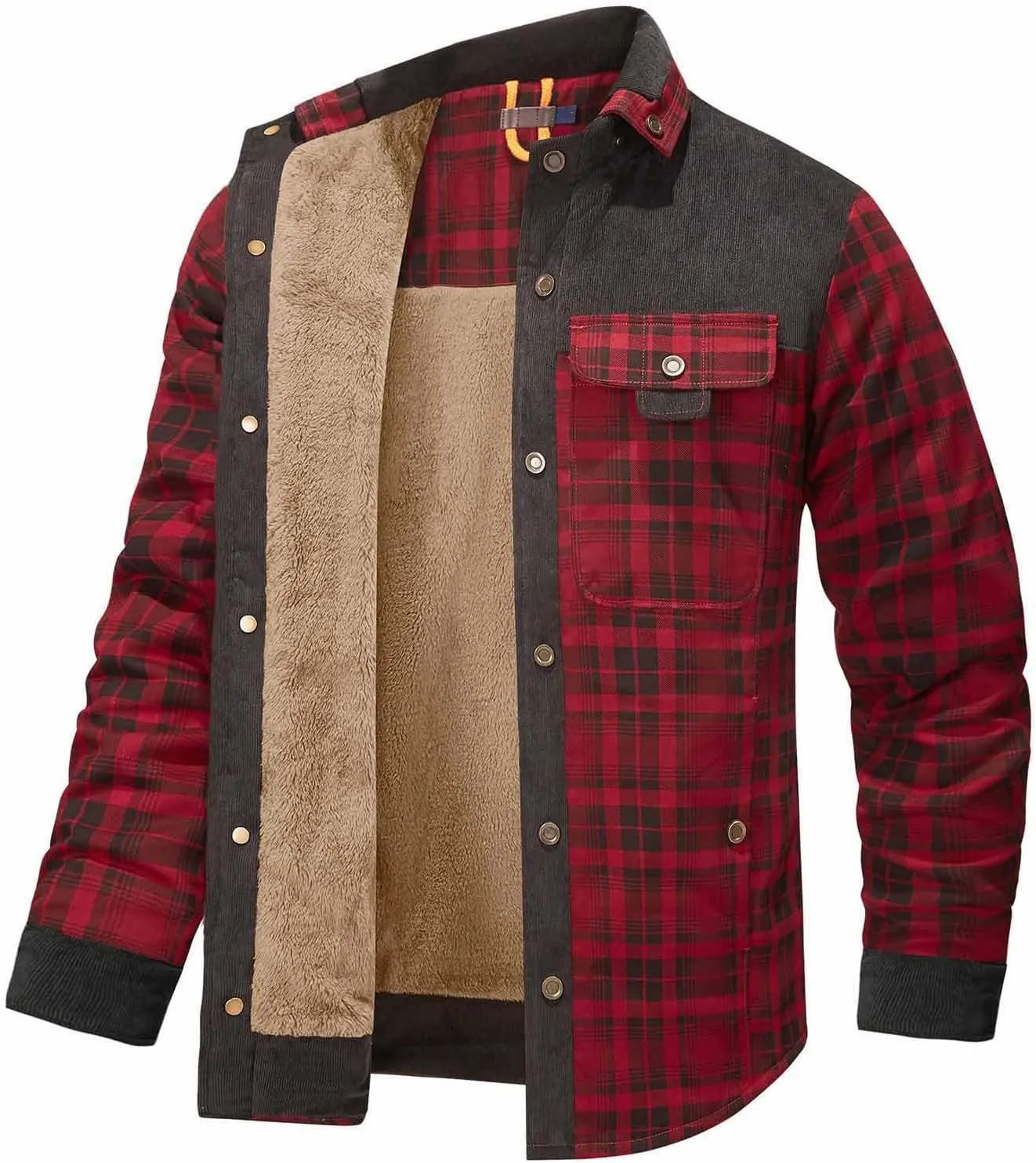 Cotton Warm Jackets for Men Long Sleeve Stand Collar Button Fur Outerwear Winter Casual Plaid Padded Insulated Coat