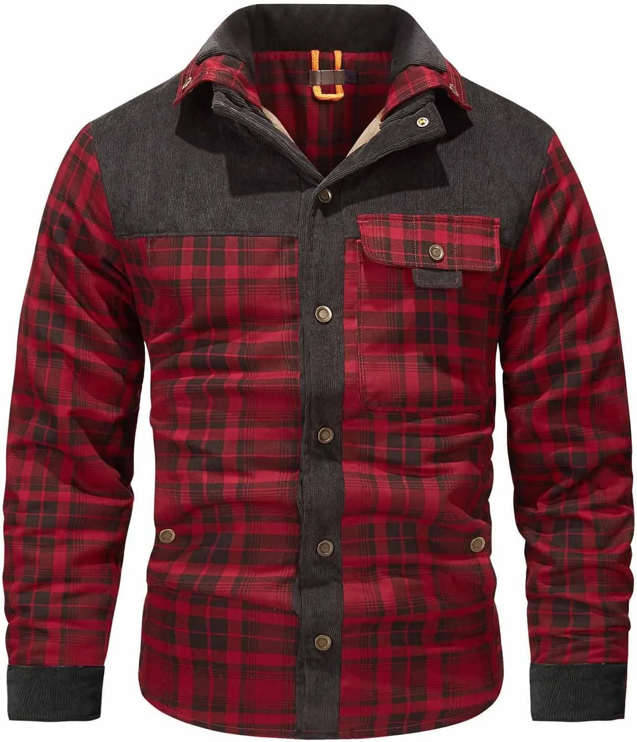 Cotton Warm Jackets for Men Long Sleeve Stand Collar Button Fur Outerwear Winter Casual Plaid Padded Insulated Coat