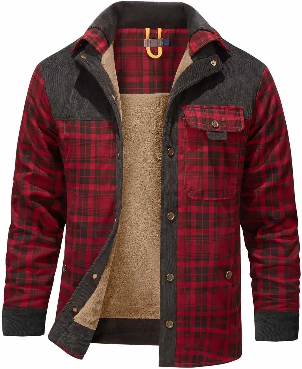 Cotton Warm Jackets for Men Long Sleeve Stand Collar Button Fur Outerwear Winter Casual Plaid Padded Insulated Coat
