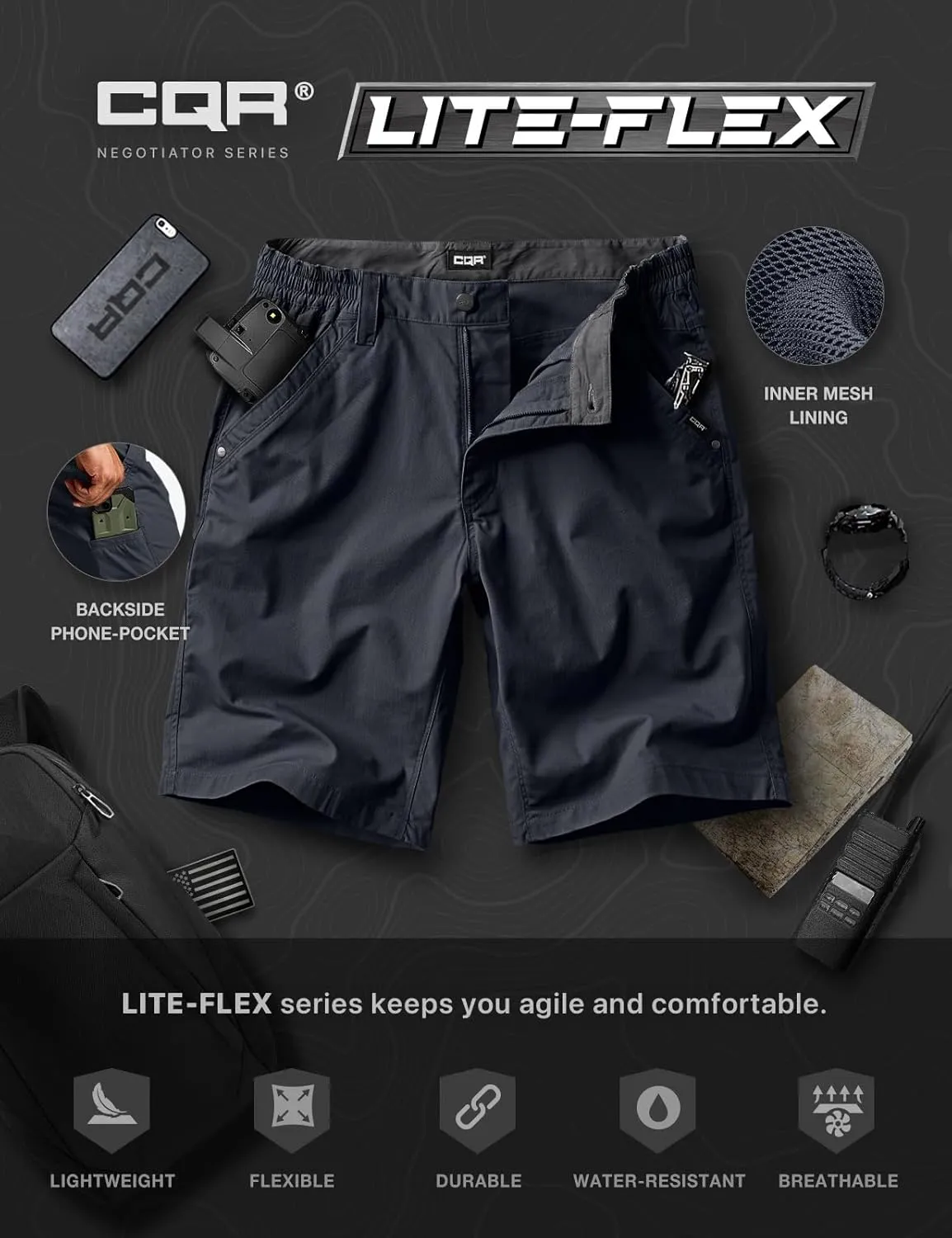 CQR Men's Flex Casual Cargo Shorts, Lightweight Water Resistant Golf Shorts, Stretch Tactical Work Shorts with Multi-Pocket