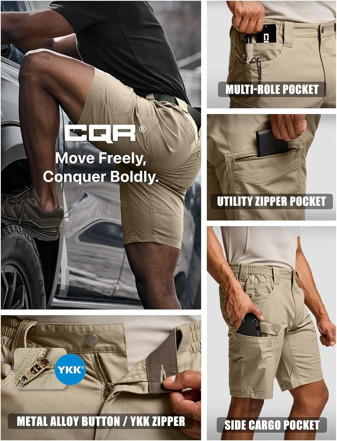 CQR Men's Flex Casual Cargo Shorts, Lightweight Water Resistant Golf Shorts, Stretch Tactical Work Shorts with Multi-Pocket
