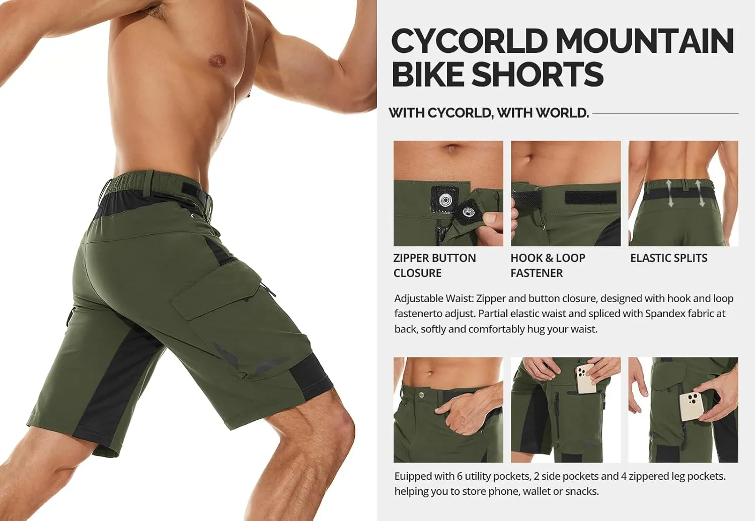 Cycorld Mens-Mountain-Bike-Shorts, Cycling, Hiking, Cargo, Outdoor Shorts