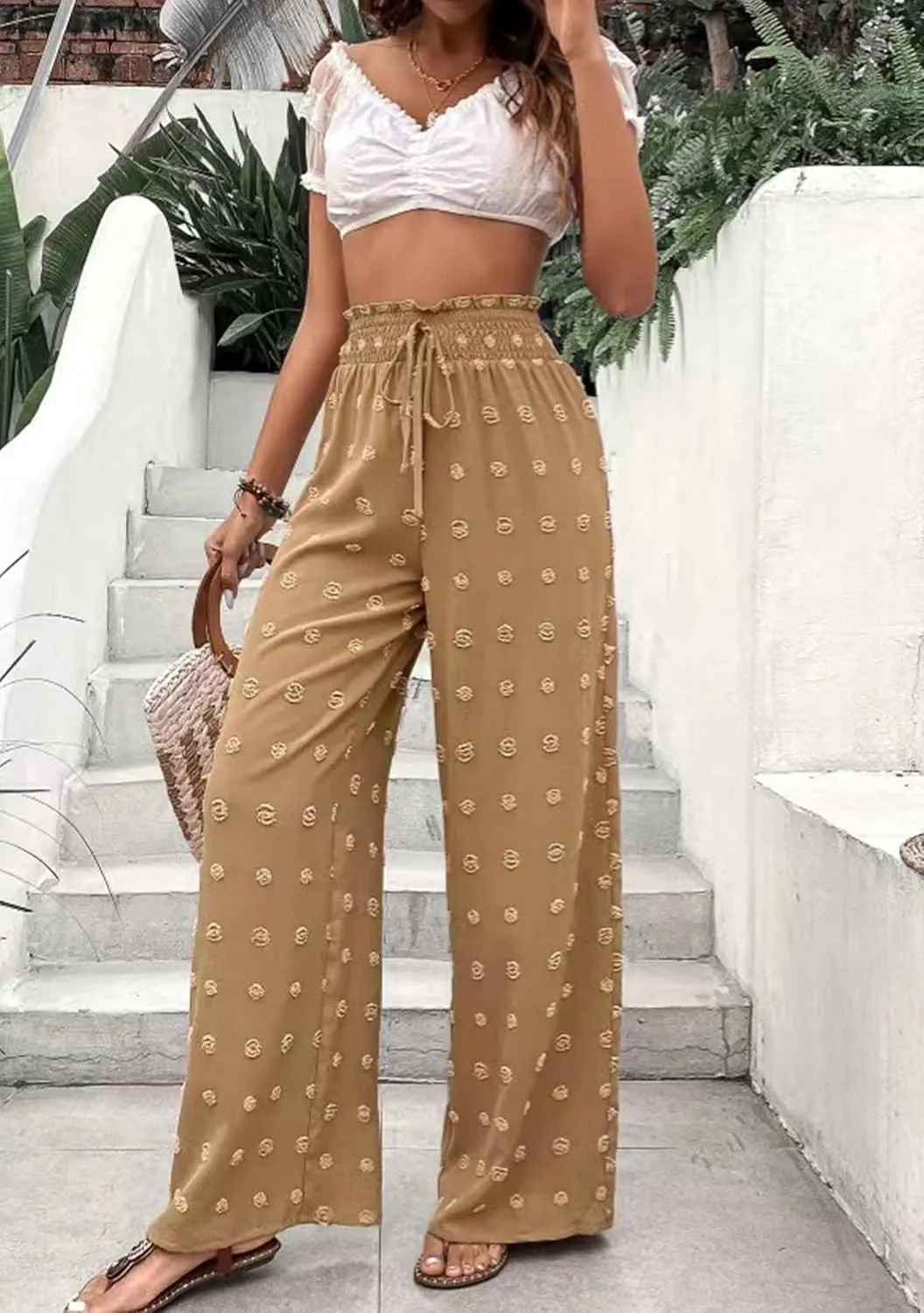 DIACACY Womens Swiss Dot Wide Leg High Waist Pants Flowy Adjustable Knot Trousers Loose Casual Pants