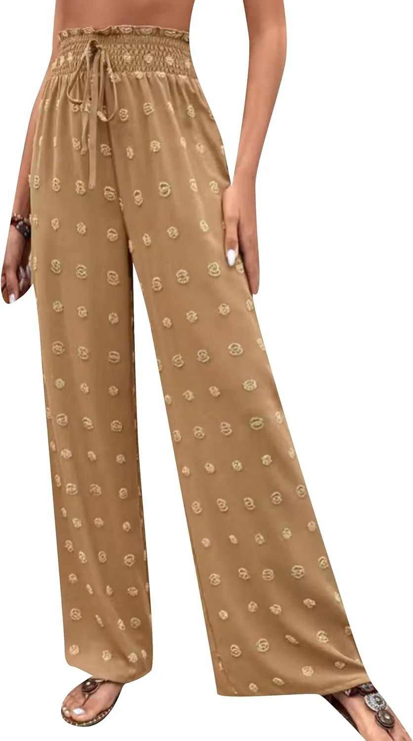 DIACACY Womens Swiss Dot Wide Leg High Waist Pants Flowy Adjustable Knot Trousers Loose Casual Pants