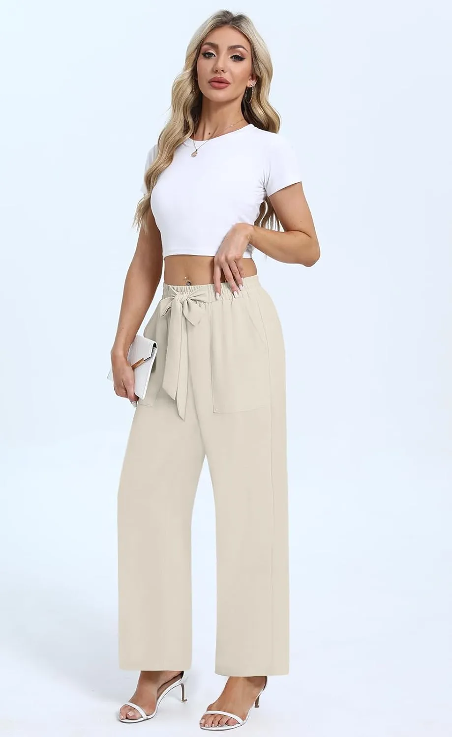 DouBCQ Women's Wide Leg Pants High Waist Flowy Tie Knot Trousers Business Casual Pants with Pockets
