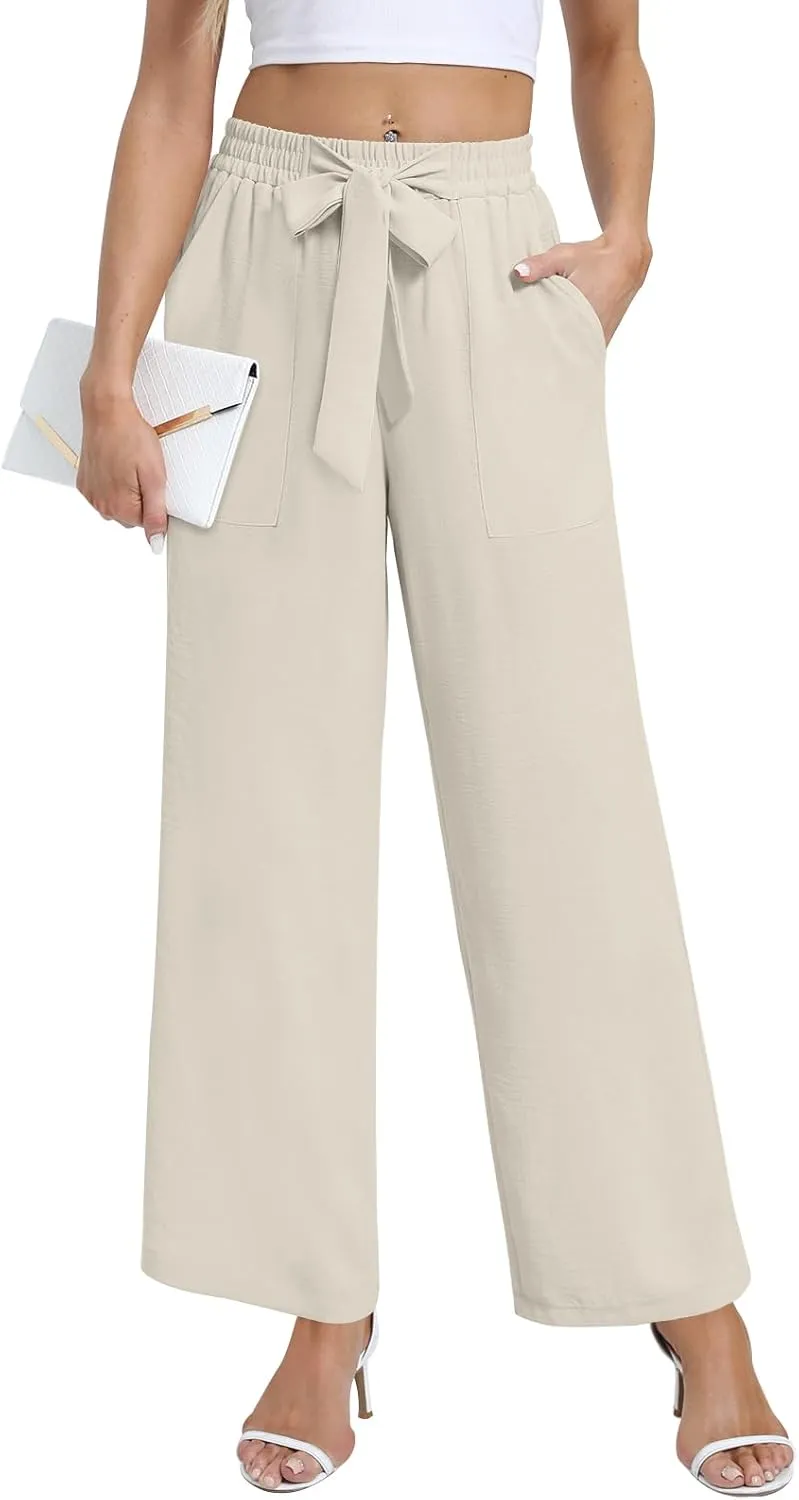 DouBCQ Women's Wide Leg Pants High Waist Flowy Tie Knot Trousers Business Casual Pants with Pockets