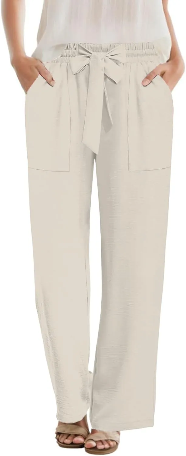 DouBCQ Women's Wide Leg Pants High Waist Flowy Tie Knot Trousers Business Casual Pants with Pockets