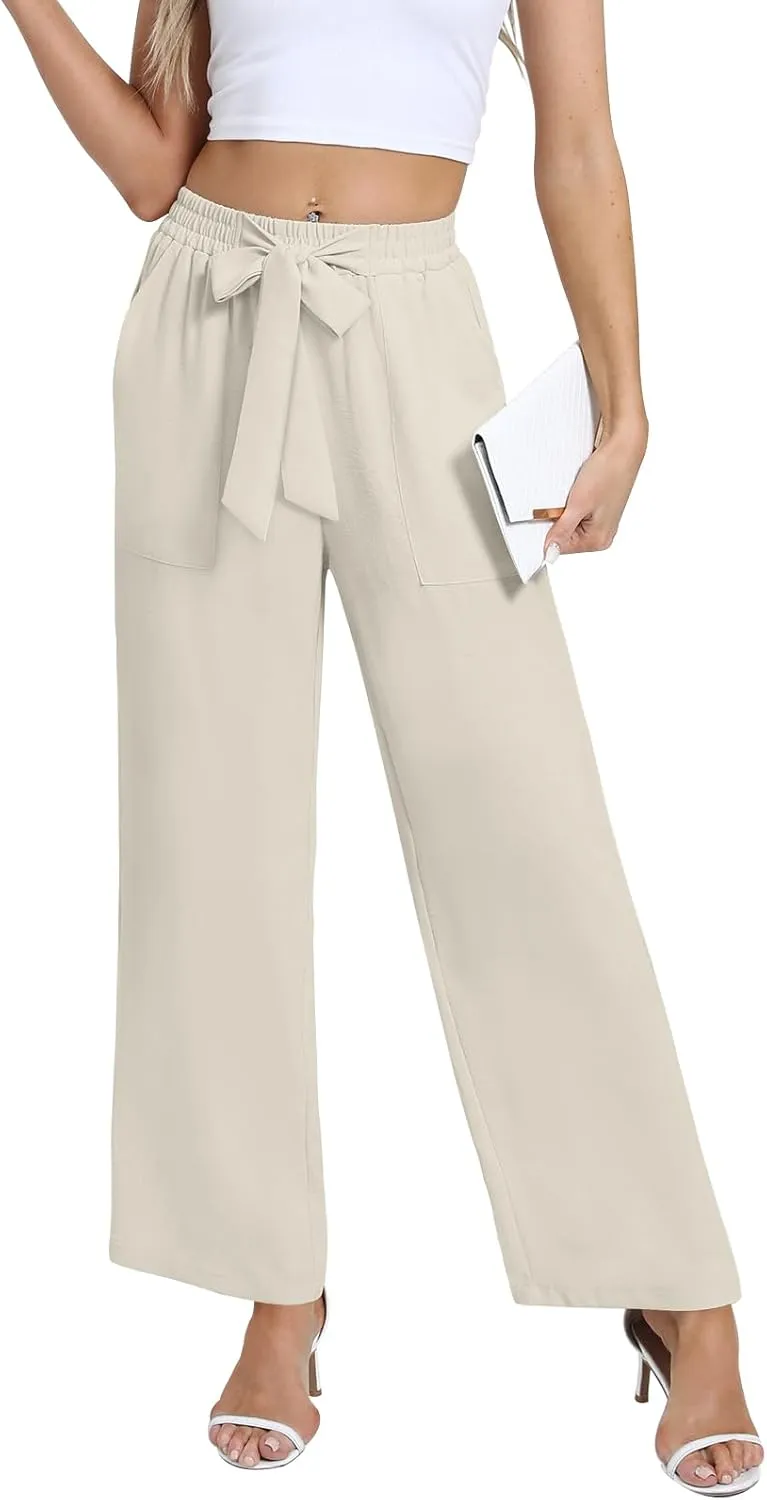 DouBCQ Women's Wide Leg Pants High Waist Flowy Tie Knot Trousers Business Casual Pants with Pockets