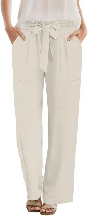 DouBCQ Women's Wide Leg Pants High Waist Flowy Tie Knot Trousers Business Casual Pants with Pockets