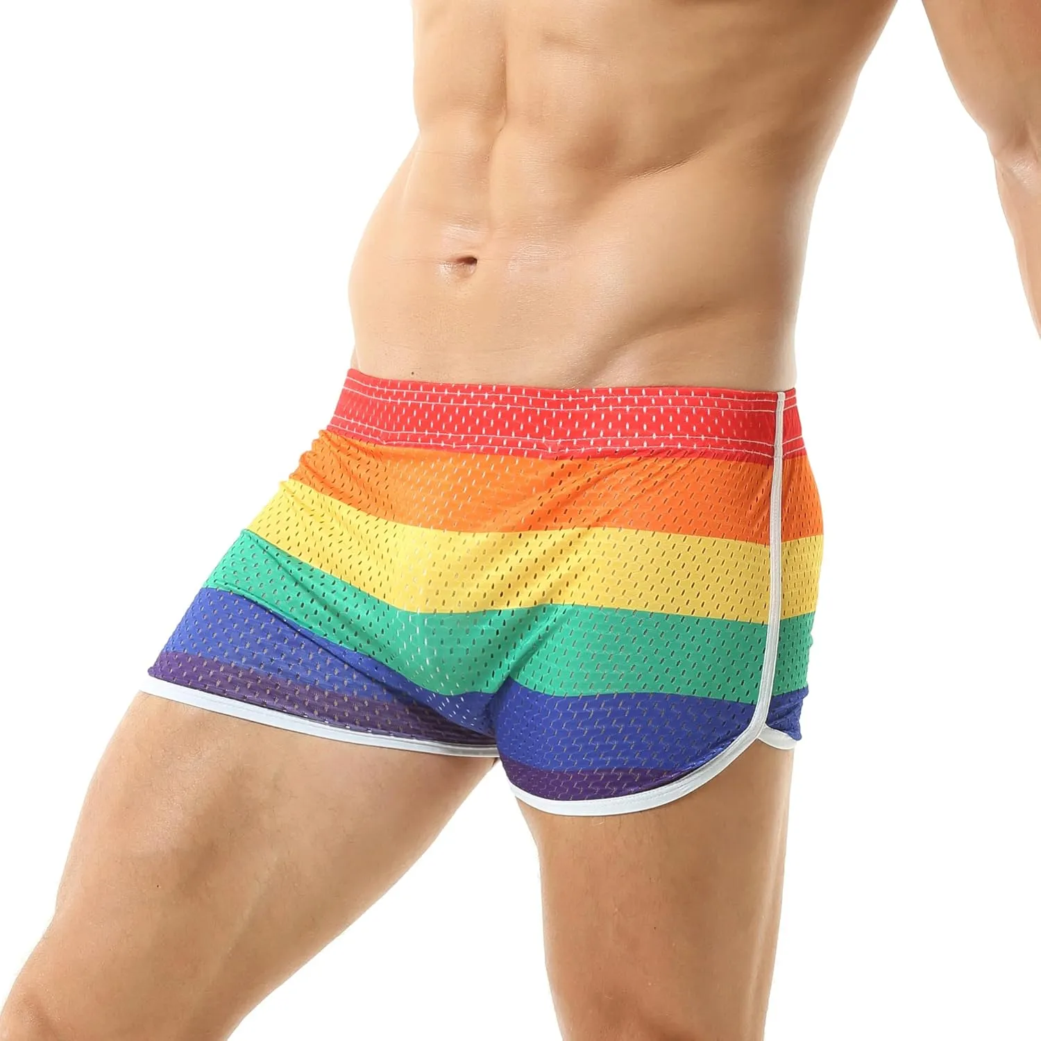 DTODWW Mens Workout Shorts Rainbow Stripe Mesh Shorts 3 Inch Men Running Shorts Breathable with Pockets for Athletic Gym