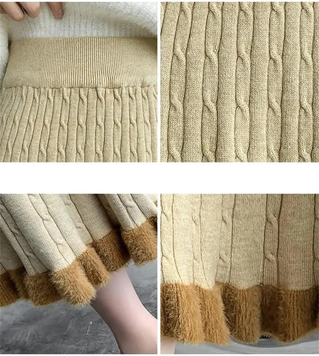 Dvbfufv Knitted Long Skirt Women Winter Warm Midi Skirt Female Elegant Pleated Skirt Lady Korean High Waist A Line Skirt