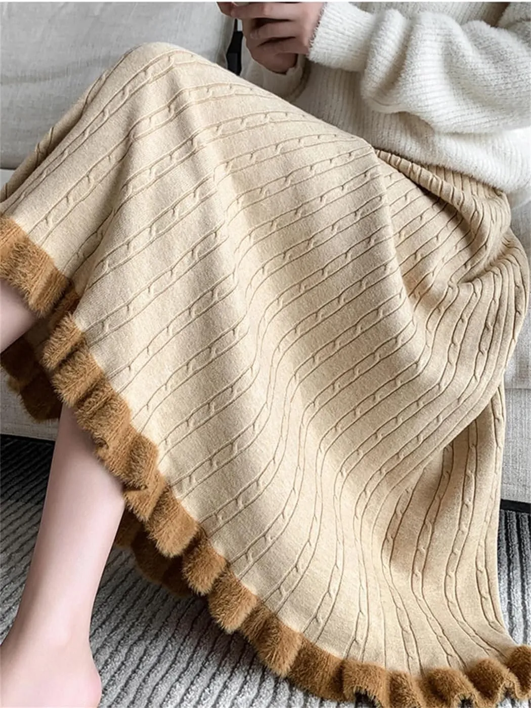 Dvbfufv Knitted Long Skirt Women Winter Warm Midi Skirt Female Elegant Pleated Skirt Lady Korean High Waist A Line Skirt
