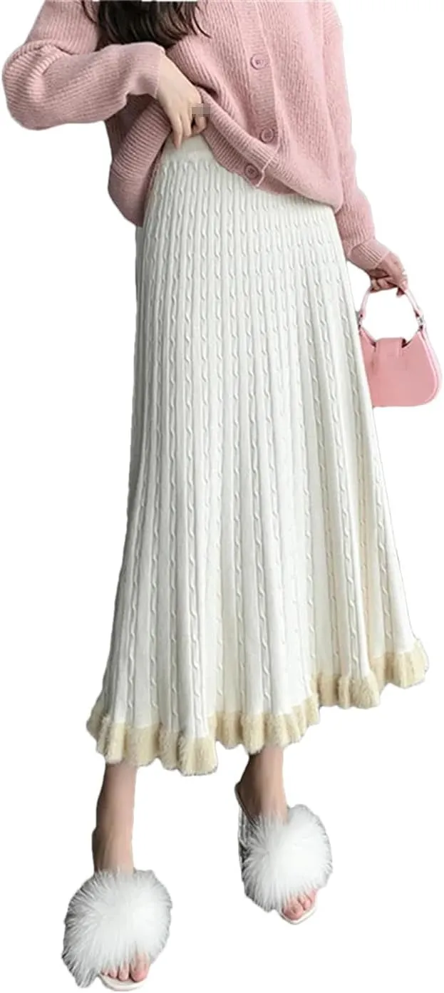 Dvbfufv Knitted Long Skirt Women Winter Warm Midi Skirt Female Elegant Pleated Skirt Lady Korean High Waist A Line Skirt