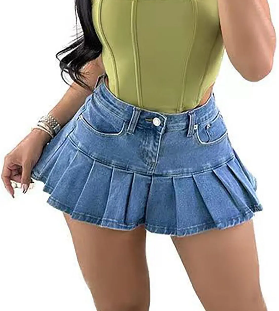 Ecirod Womens Summer Denim A Line Pleated Mini Skirt High Waisted Y2K Ruffle Jean Short Skirt with Pockets