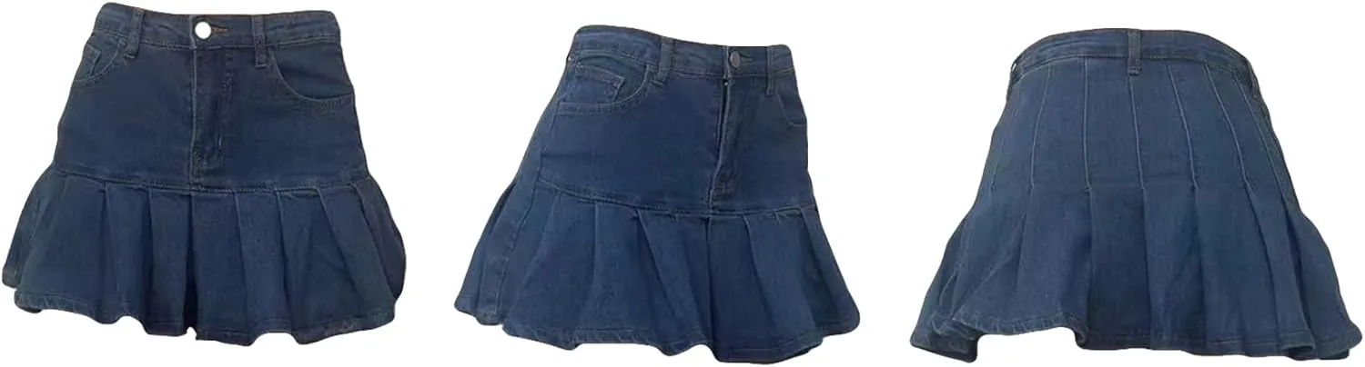 Ecirod Womens Summer Denim A Line Pleated Mini Skirt High Waisted Y2K Ruffle Jean Short Skirt with Pockets