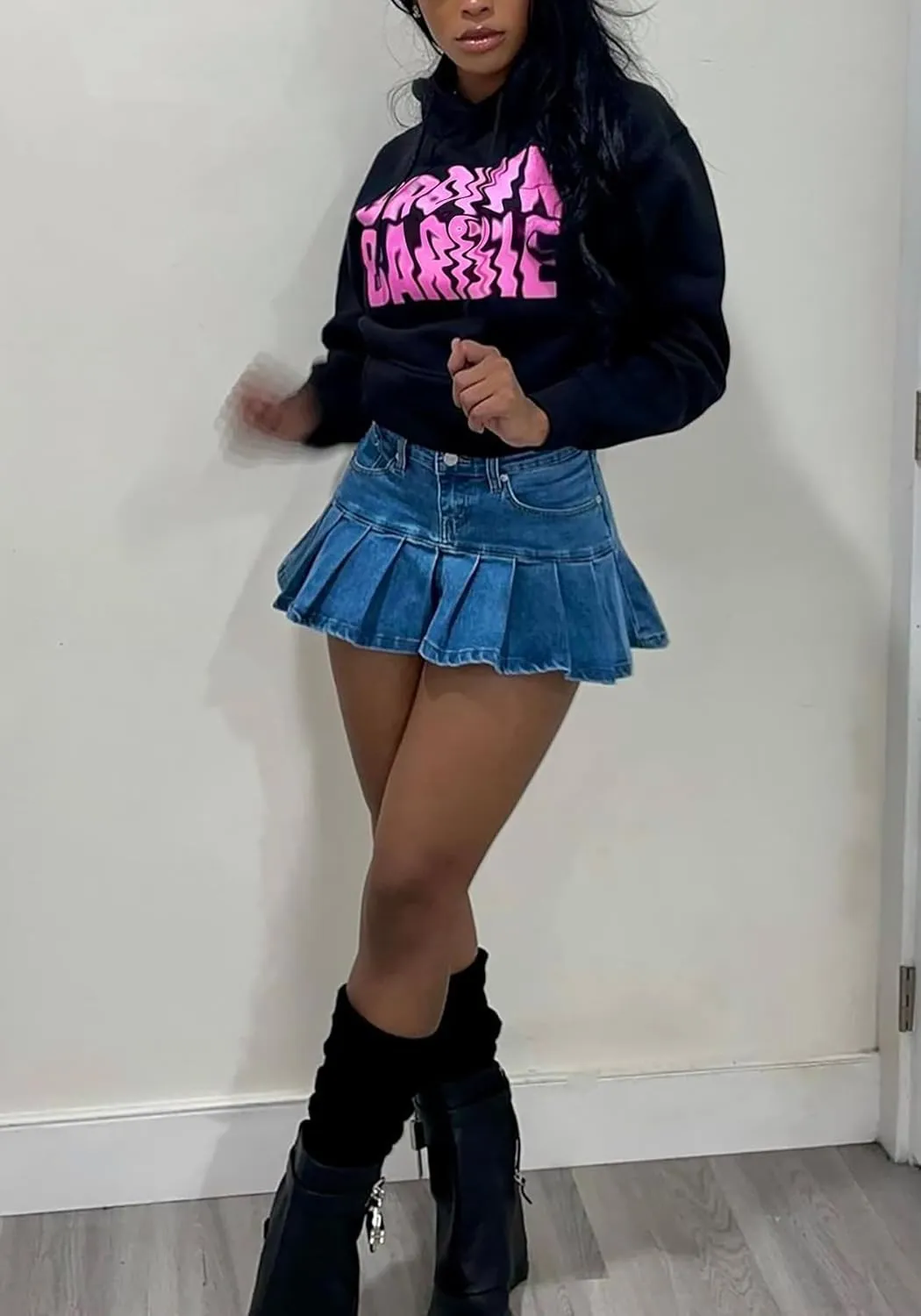 Ecirod Womens Summer Denim A Line Pleated Mini Skirt High Waisted Y2K Ruffle Jean Short Skirt with Pockets