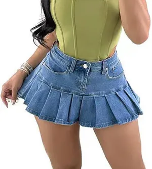 Ecirod Womens Summer Denim A Line Pleated Mini Skirt High Waisted Y2K Ruffle Jean Short Skirt with Pockets