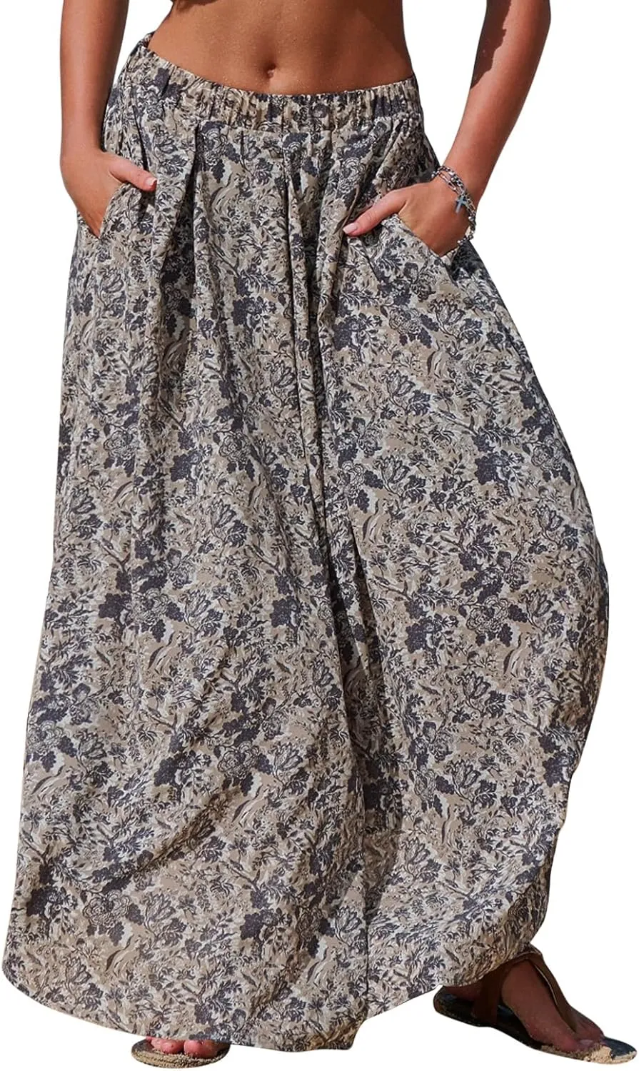 EXLURA Womens Elastic High Waist Flared Maxi Skirts Floral Swing Midi Skirt Casual Summer Long Skirt Beach Vacation Resort