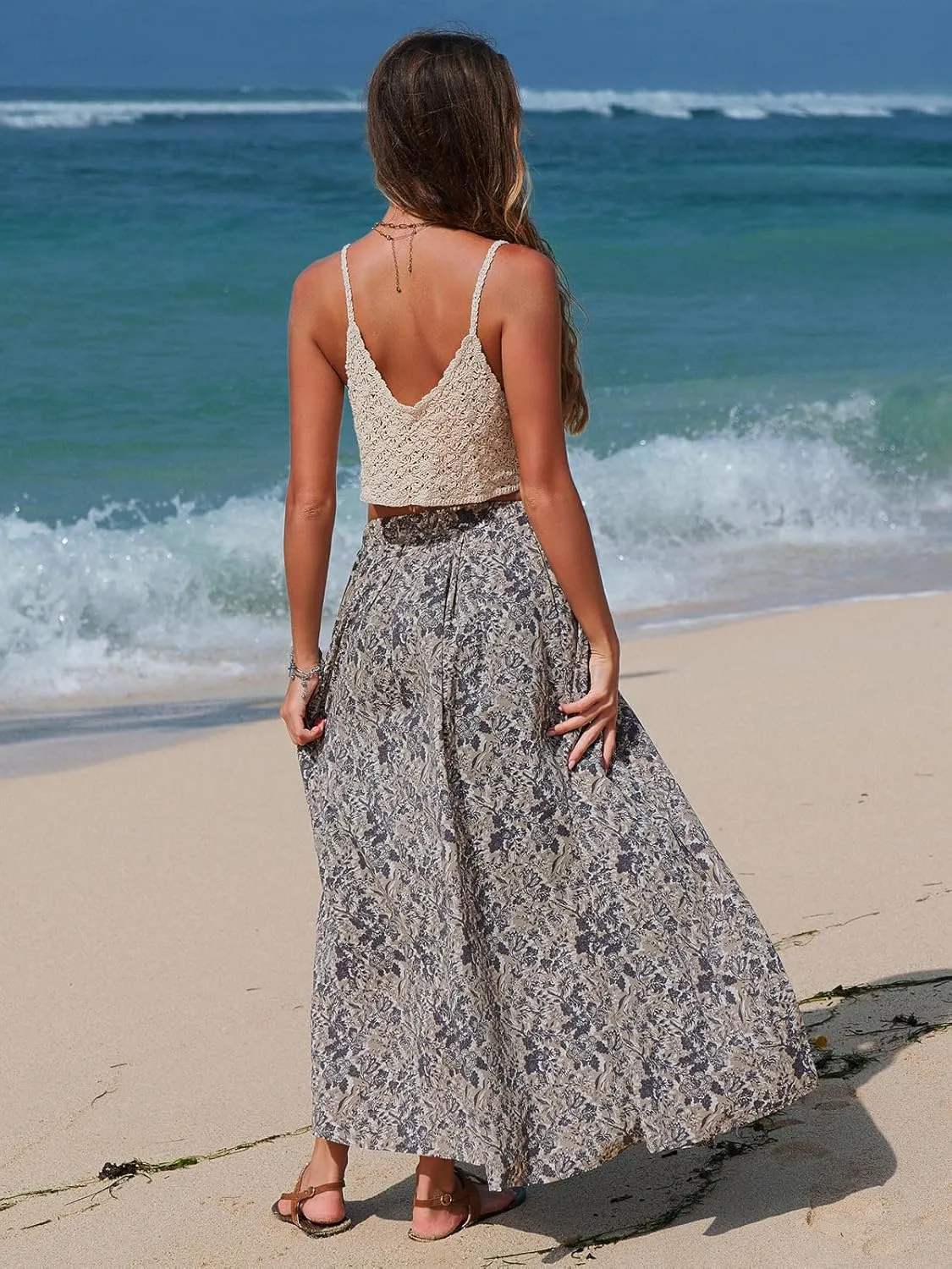 EXLURA Womens Elastic High Waist Flared Maxi Skirts Floral Swing Midi Skirt Casual Summer Long Skirt Beach Vacation Resort