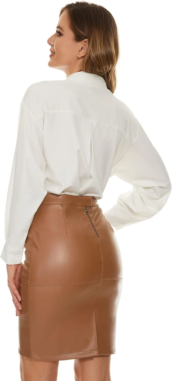 Fahsyee Womens Leather Skirt, Bodycon Faux Mini High Waist Casual Zip PU Slim Pencil Plus Size