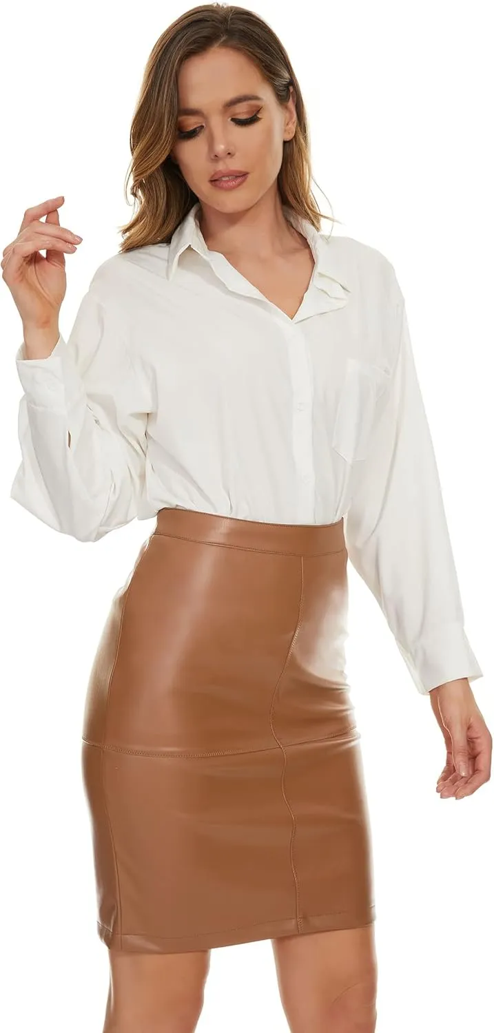 Fahsyee Womens Leather Skirt, Bodycon Faux Mini High Waist Casual Zip PU Slim Pencil Plus Size