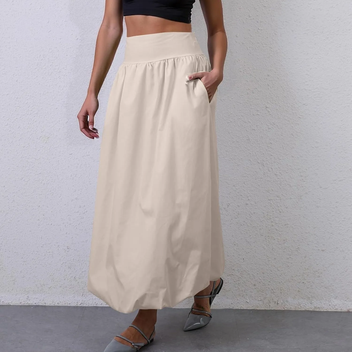 fanmpghleoo Bubble Maxi Skirts for Women Cute Elastic High Waisted Skirts Summer Y2k Casual Balloon Ruffle A Line Long Skirt