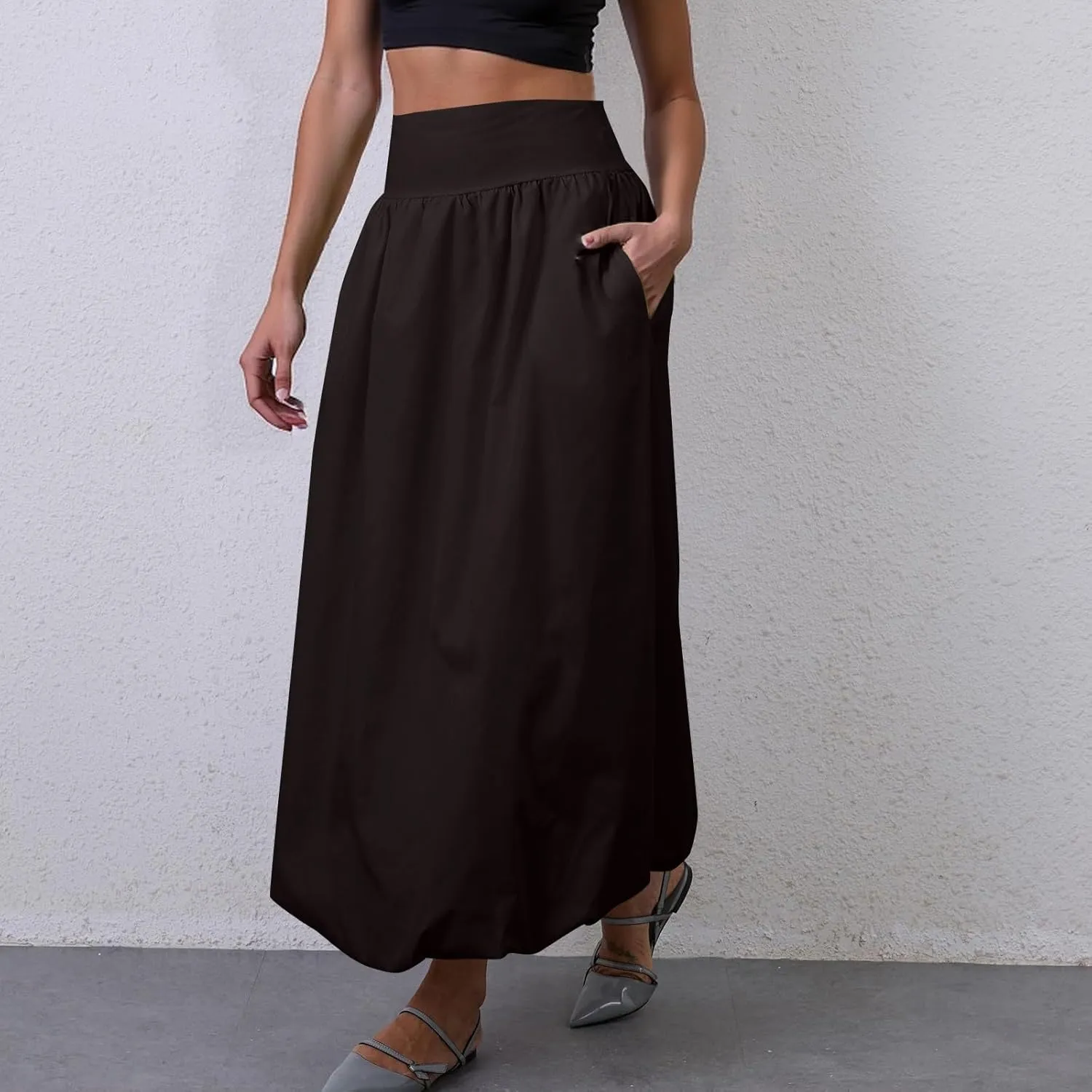 fanmpghleoo Bubble Maxi Skirts for Women Cute Elastic High Waisted Skirts Summer Y2k Casual Balloon Ruffle A Line Long Skirt