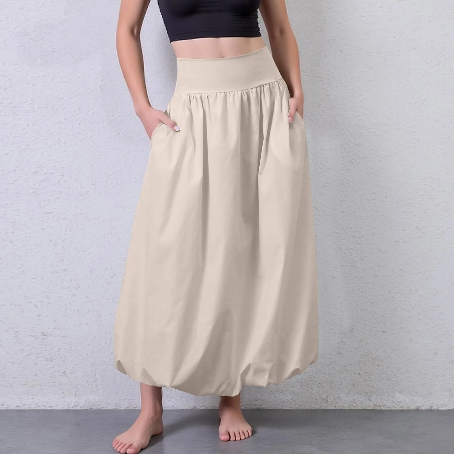 fanmpghleoo Bubble Maxi Skirts for Women Cute Elastic High Waisted Skirts Summer Y2k Casual Balloon Ruffle A Line Long Skirt
