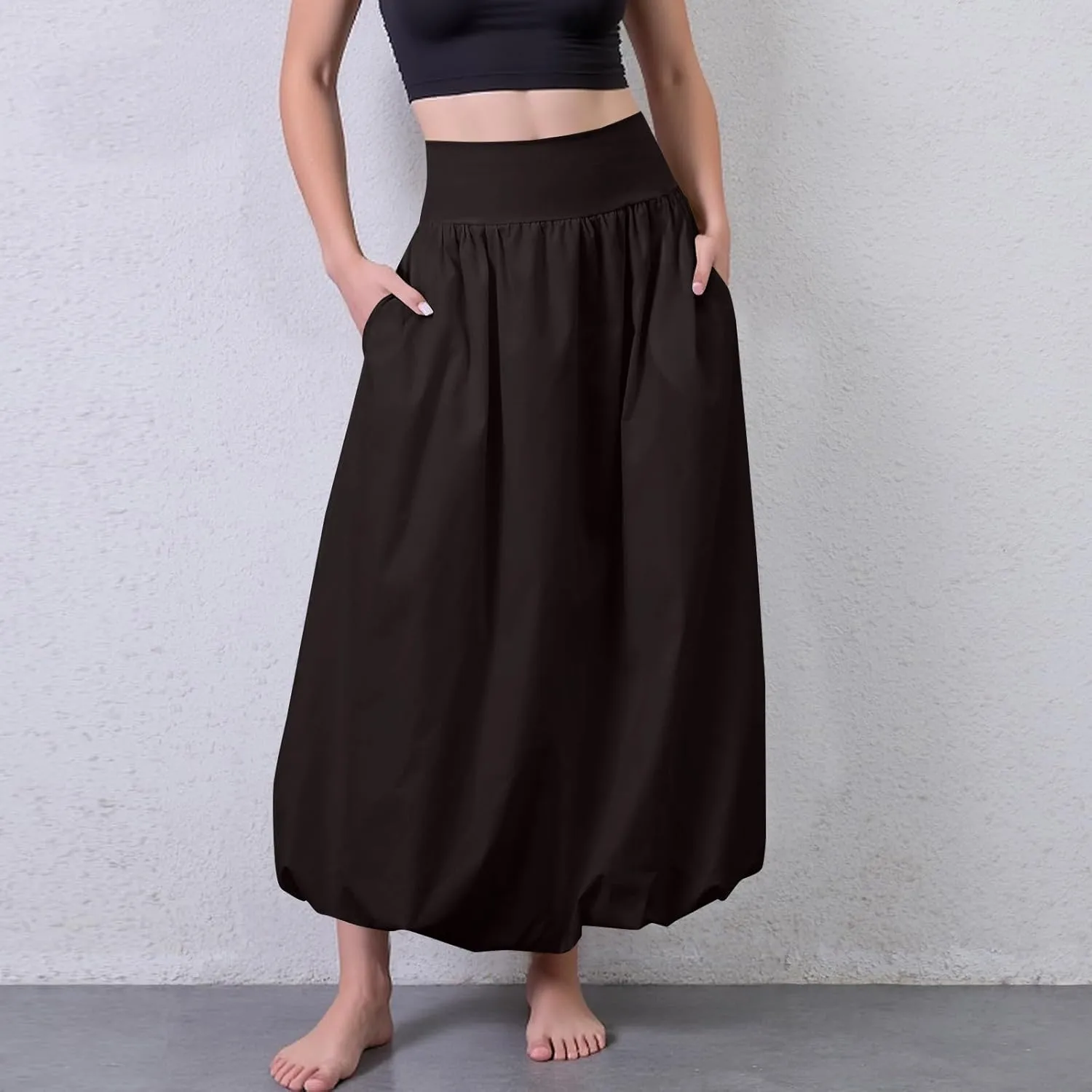fanmpghleoo Bubble Maxi Skirts for Women Cute Elastic High Waisted Skirts Summer Y2k Casual Balloon Ruffle A Line Long Skirt