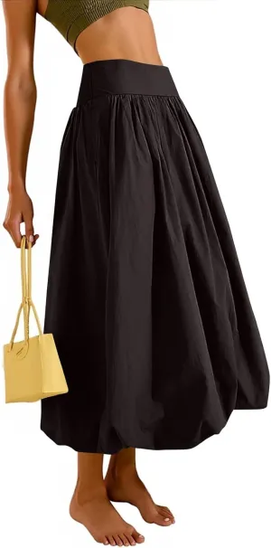 fanmpghleoo Bubble Maxi Skirts for Women Cute Elastic High Waisted Skirts Summer Y2k Casual Balloon Ruffle A Line Long Skirt