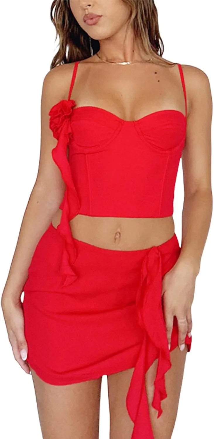Faretumiya 3D Floral Tassel Skirt Set Women 2 Piece Sheer Mesh Crop Tank Tops Bodycon Ruffles Mini Skirt Sets Y2k Streetwear