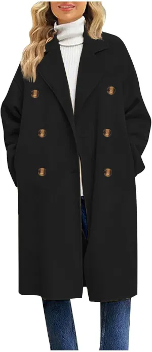 fartey Womens Trench Coats 2024 Fall Casual Notch Lapel Single-Breasted Wool Coats Winter Warm Wool Blend Pea Coats