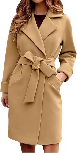 fartey Womens Wool Blend Trench Coat Elegant Lapel Collar Belted Pea Coats Mid Long Length Office Overcoat With Pockets