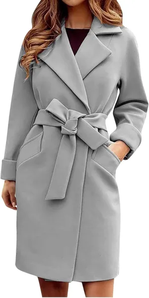 fartey Womens Wool Blend Trench Coat Elegant Lapel Collar Belted Pea Coats Mid Long Length Office Overcoat With Pockets