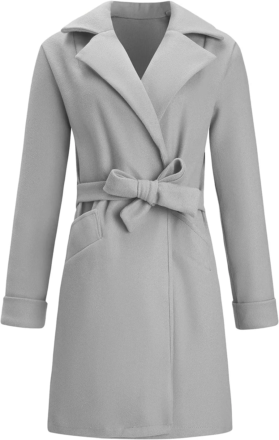 fartey Womens Wool Blend Trench Coat Elegant Lapel Collar Belted Pea Coats Mid Long Length Office Overcoat With Pockets