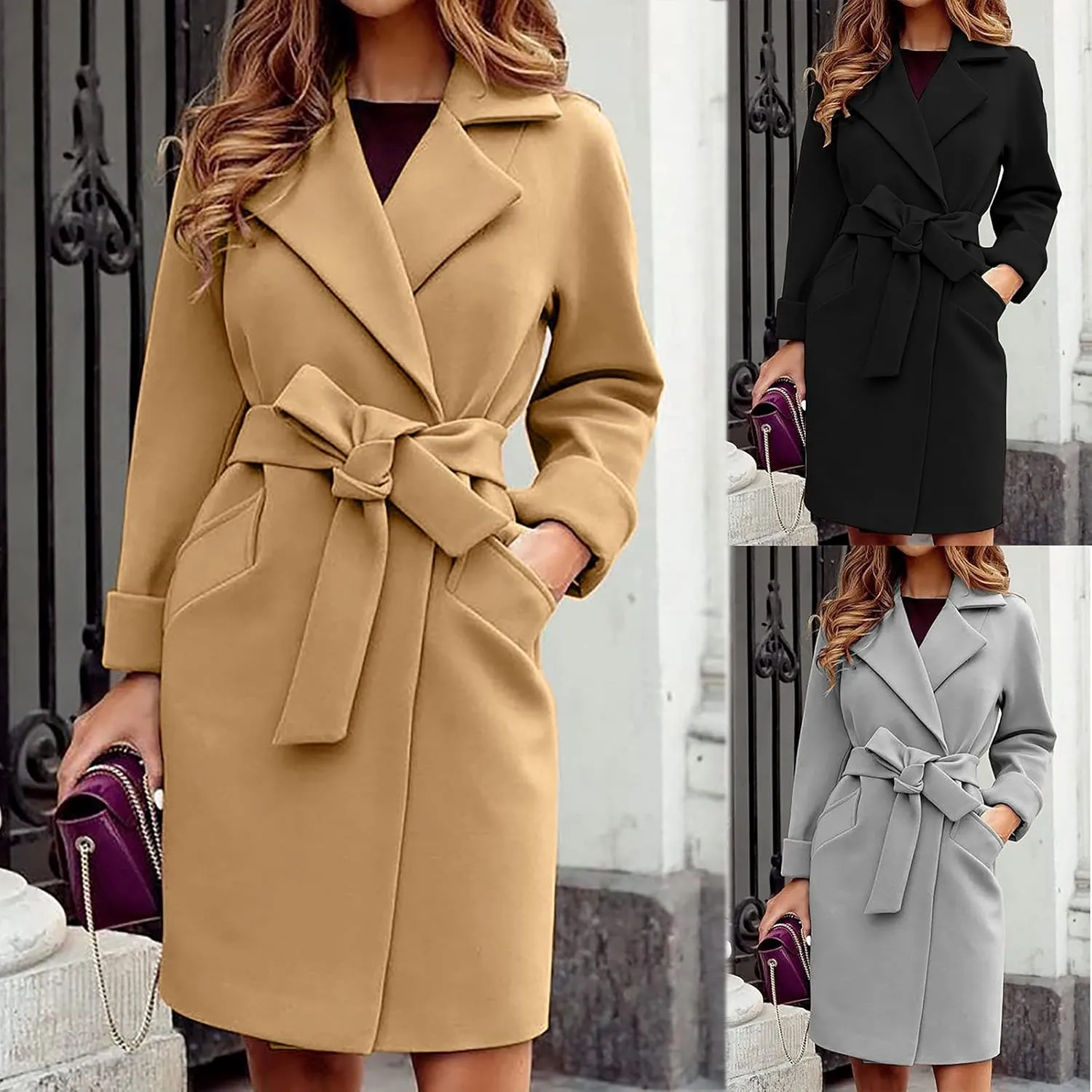 fartey Womens Wool Blend Trench Coat Elegant Lapel Collar Belted Pea Coats Mid Long Length Office Overcoat With Pockets