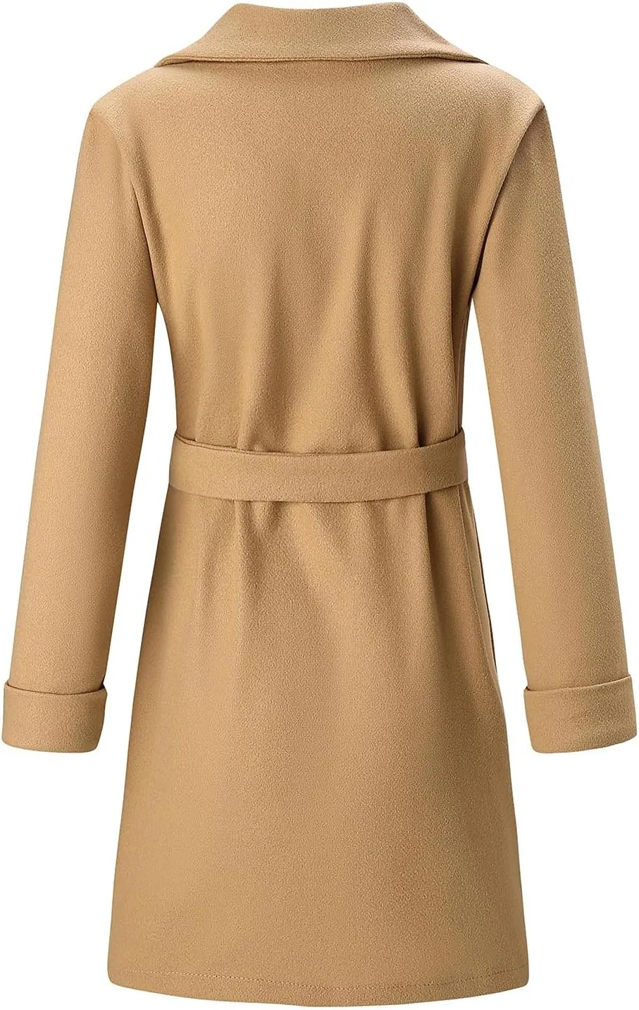 fartey Womens Wool Blend Trench Coat Elegant Lapel Collar Belted Pea Coats Mid Long Length Office Overcoat With Pockets