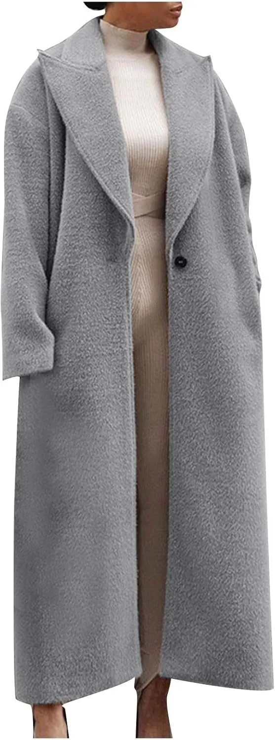 fartey Womens Wool Coats Casual Oversized Long Winter Trench Coats Thicken Warm Notch Lapel Pea Coat Jackets Outwear