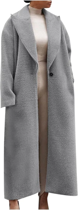 fartey Womens Wool Coats Casual Oversized Long Winter Trench Coats Thicken Warm Notch Lapel Pea Coat Jackets Outwear