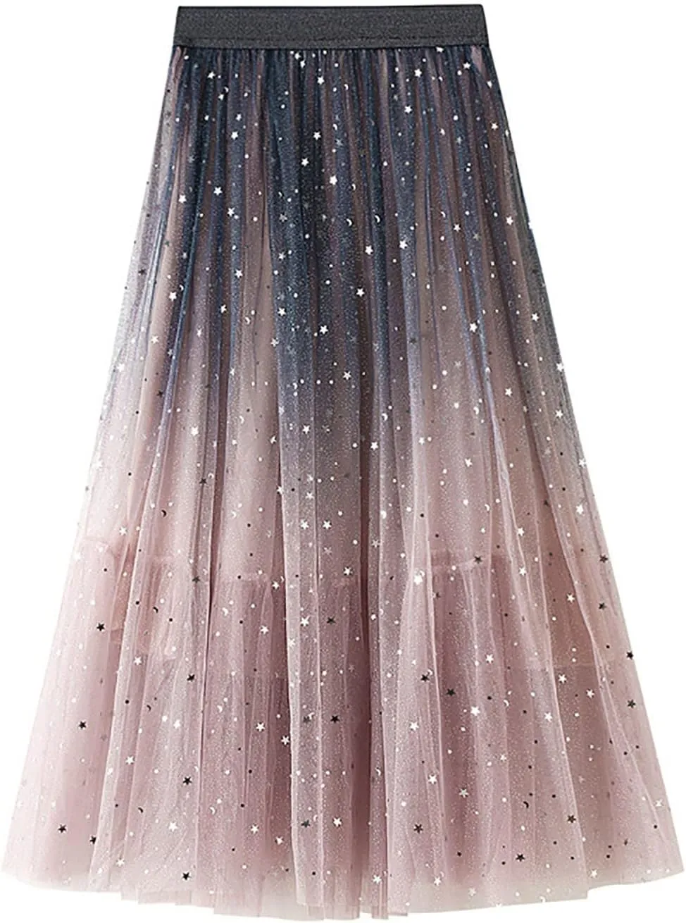 Fashion Women Summer Gradient Color Tulle Skirt High Waist Pleated Long Women Midi Skirts with Pockets Belt