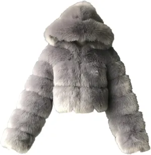 Faux Fur Coat Women with Hood Cropped Bubble Coats Furry Short Warm Jackets Plus Size Winter Coats for Women