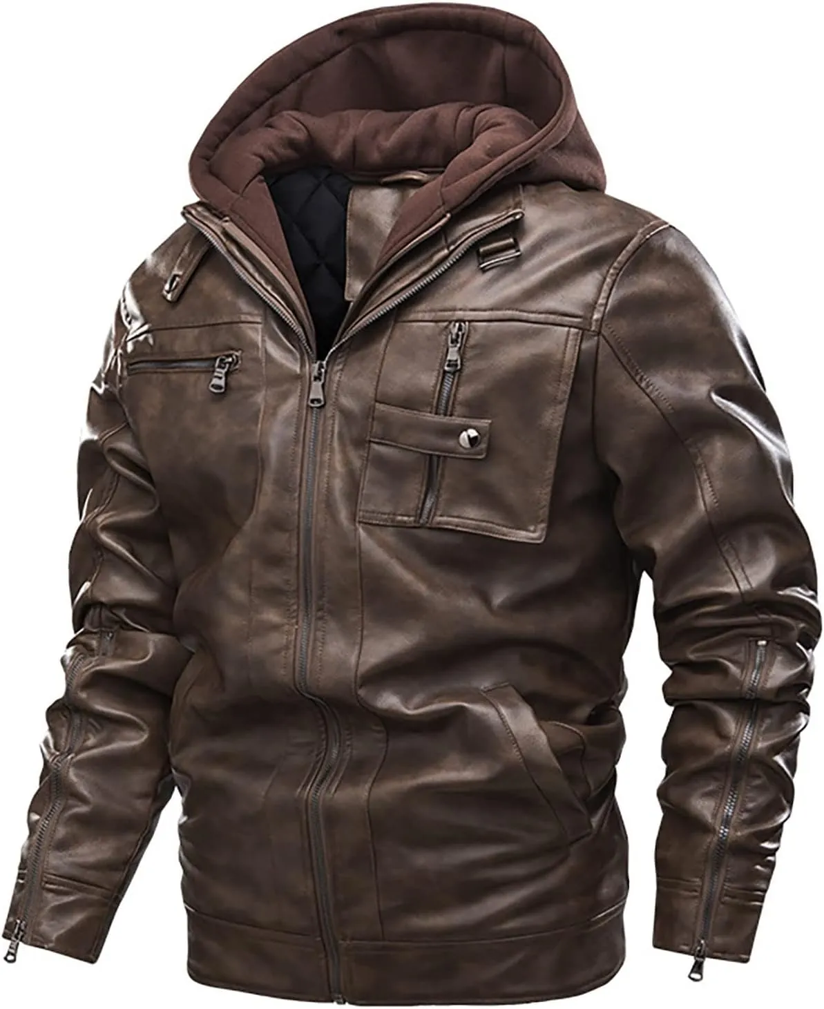 Faux Leather Jacket Men,Bomber Motorcycle Jacket Coats Zipper Slim Sherpa Lined Winter Warm Outwear with Pocket